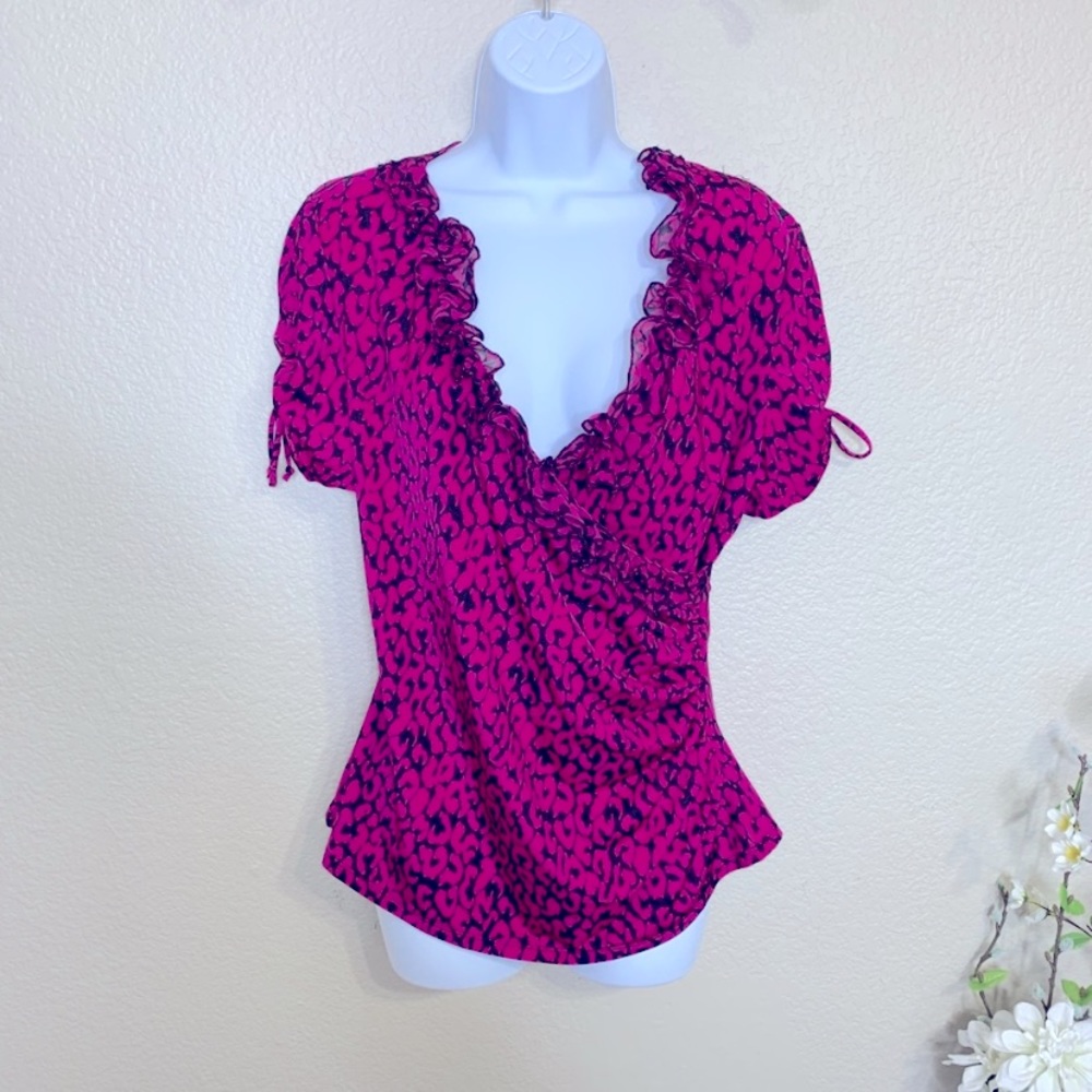 Elle Pink Ruffle Faux Wrap Pink Blouse Large